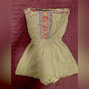 Green Strapless Romper with Embroidered Details